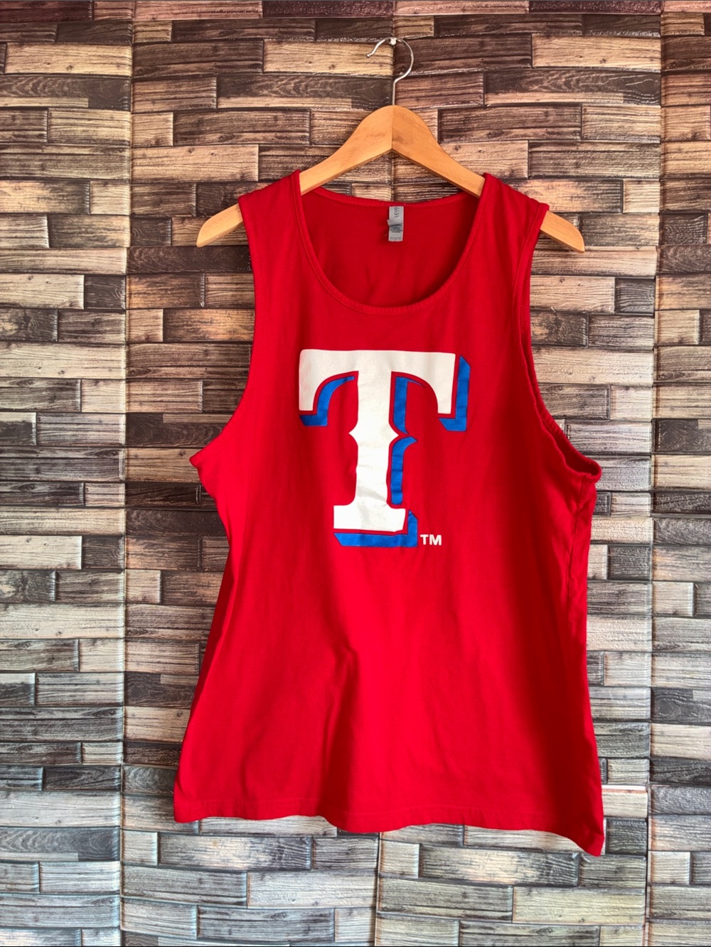 EUC Next Level Apparel Red Tank Top with White and Blue Texas Rangers Large